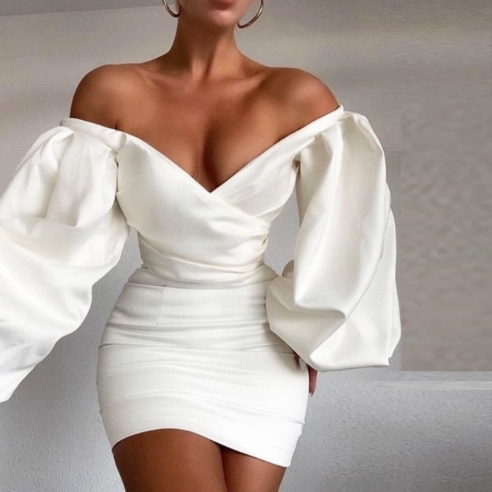 HOUSE OF CB 'Carlyn' Ivory Satin Balloon Sleeve Mini Dress/Size XS‎ NWOT - Picture 14 of 15